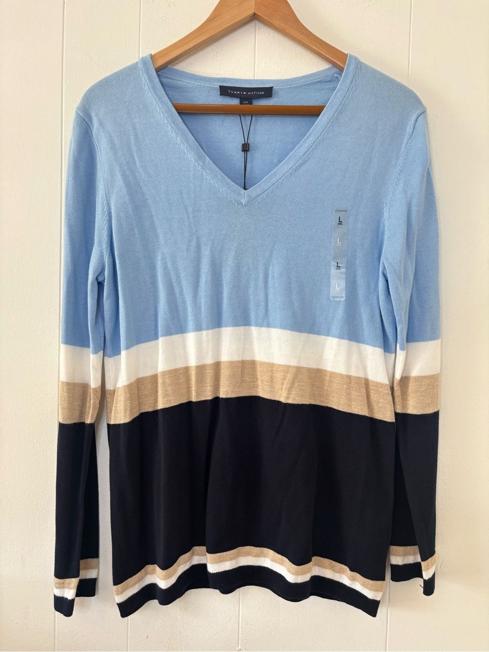 NWT Tommy Hilfiger Women’s Blue/Tan Colorblock Sweater Cotton/Linen Size Large